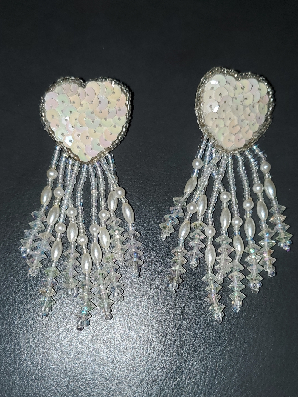 Vintage White Sequin Heart Long Beaded Dangle Pierced Earrings Bridal Party Love